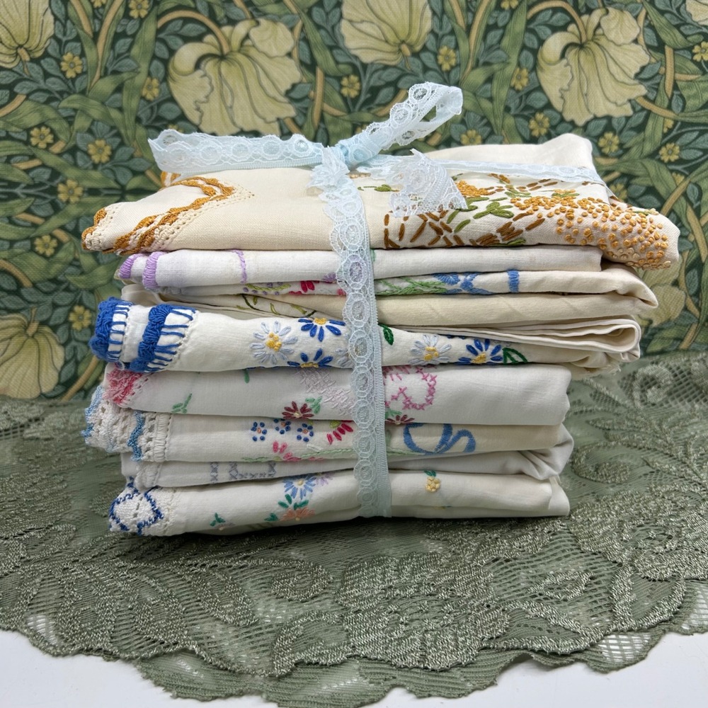 Vintage Embroidered Linen Bundle Craft Pillowcases Project Upcycled | Lot of 12